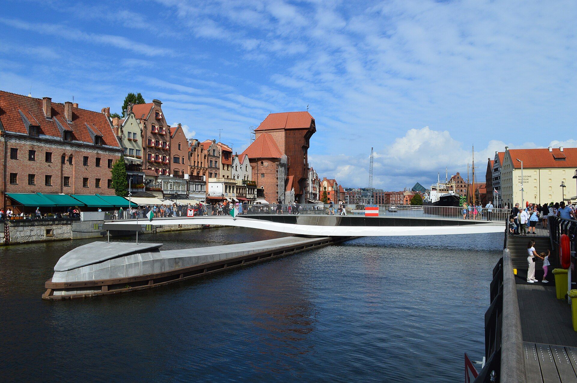 Oude kranen en gevels langs de Motława in Gdańsk